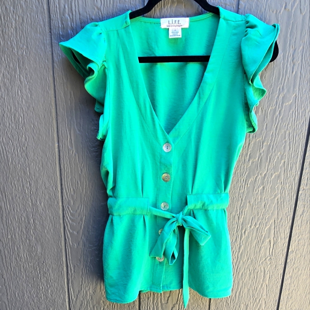 L.I.F.E. Top - Green With Ruffled Sleeves